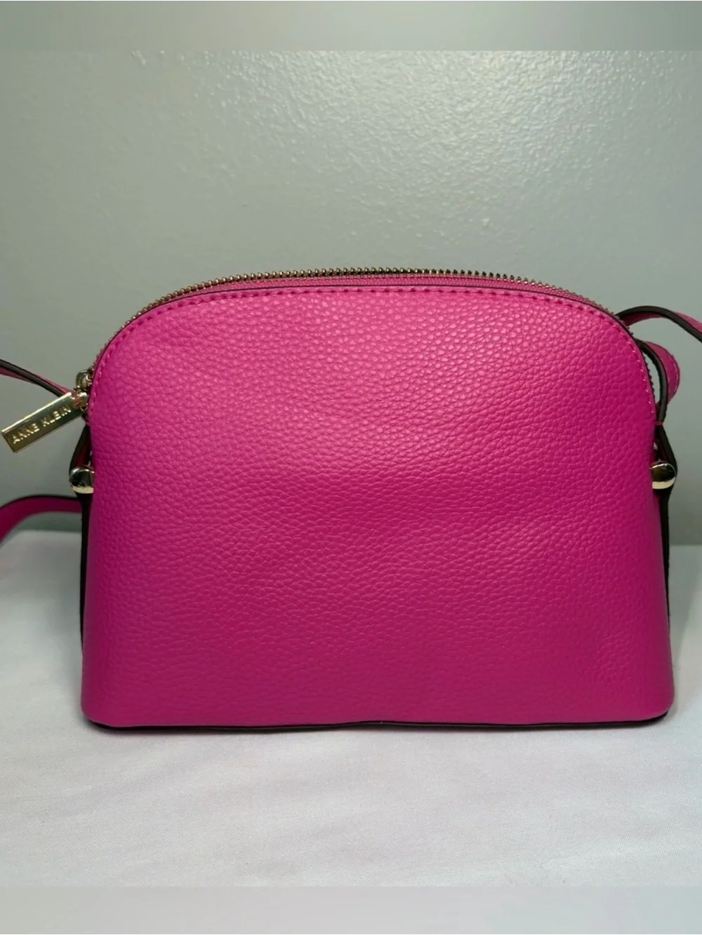 Anne Klein Hot Pink- Fuchsia Pebbled Faux Leather Crossbody with Gold Logo